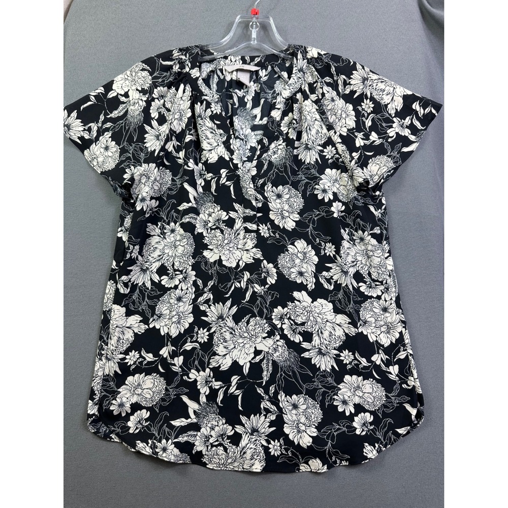 HM Women's XS Black White Floral V-Neck Short Sleeve Blouse Top Chiffon Style